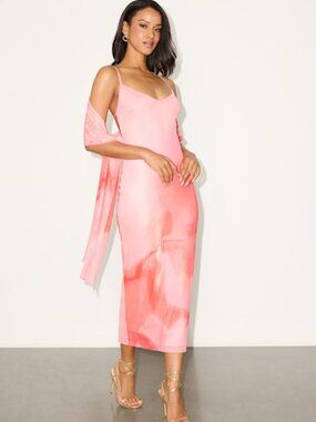 Lulus Morena Light Pink Abstract Mesh Sash Scarf Midi Dress - Size L